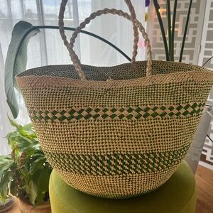 Green and Tan Woven Tote Bag
